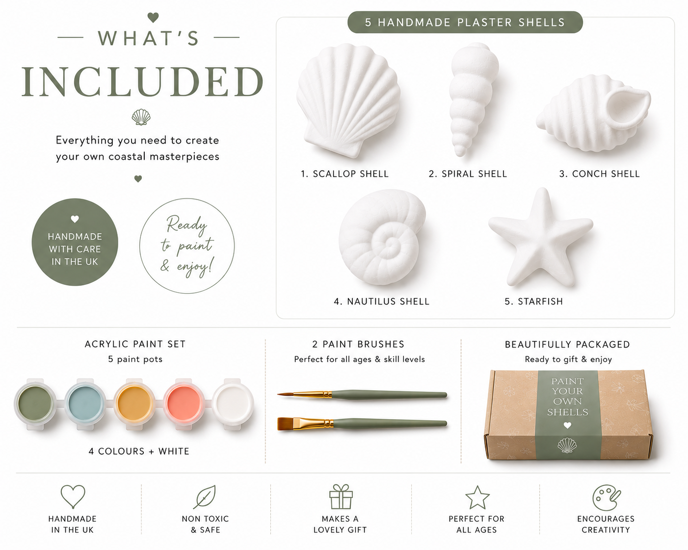Paint Your Own Shell Kit | Handmade Plaster Coastal Craft Set