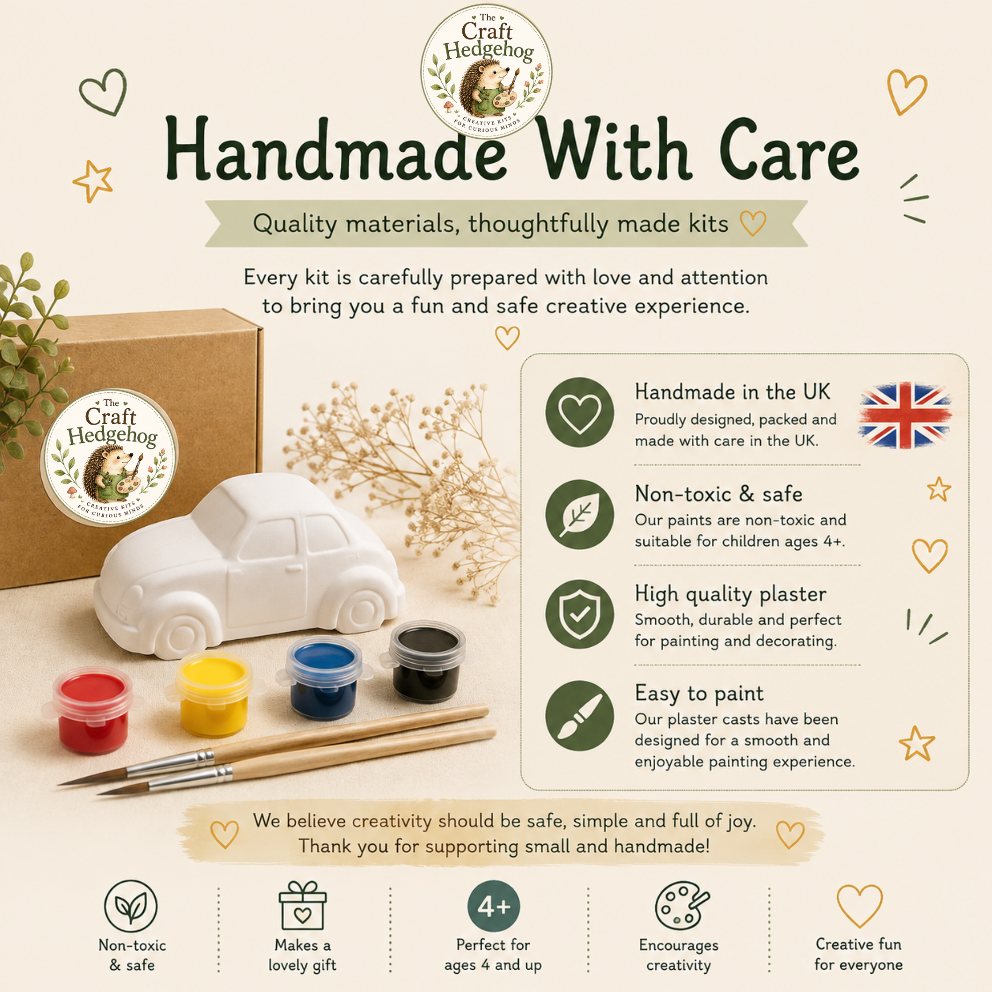 Paint Your Own Car Kit | Handmade Plaster Craft Kit | 4 Paint Colours & Brush | Ages 4+