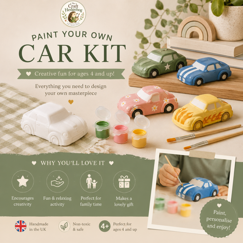 Paint Your Own Car Kit | Handmade Plaster Craft Kit | 4 Paint Colours & Brush | Ages 4+
