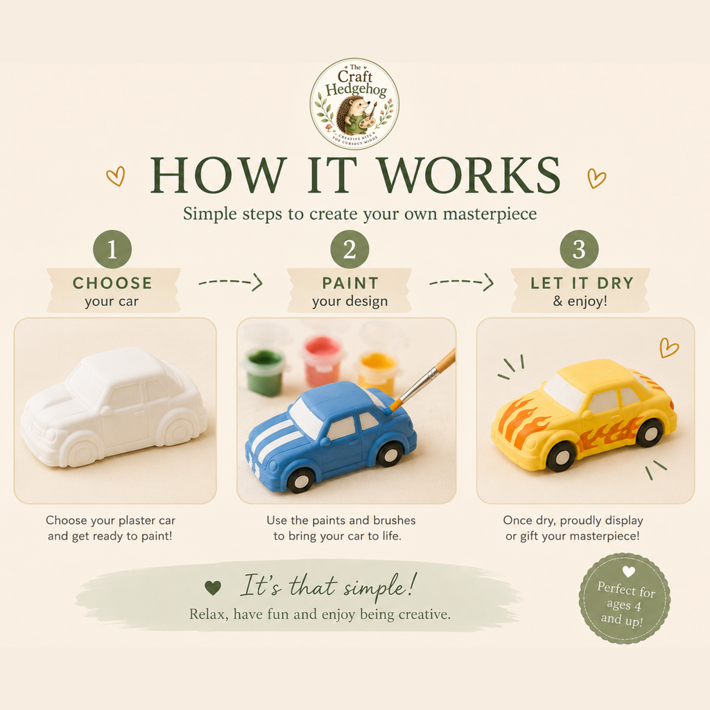 Paint Your Own Car Kit | Handmade Plaster Craft Kit | 4 Paint Colours & Brush | Ages 4+