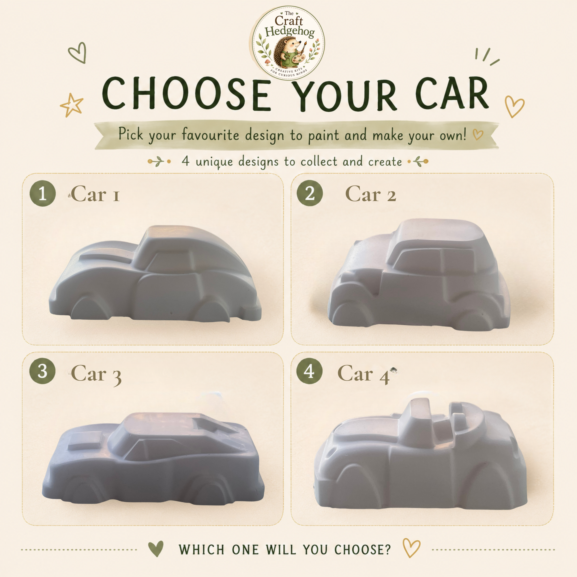 Paint Your Own Car Kit | Handmade Plaster Craft Kit | 4 Paint Colours & Brush | Ages 4+