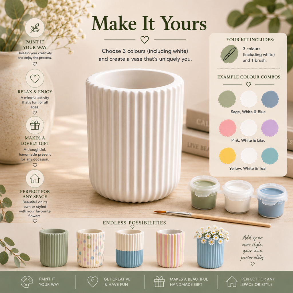 Paint Your Own Ribbed Vase Kit | DIY Ceramic Style Craft Kit | Handmade Gift | Home Décor Activity