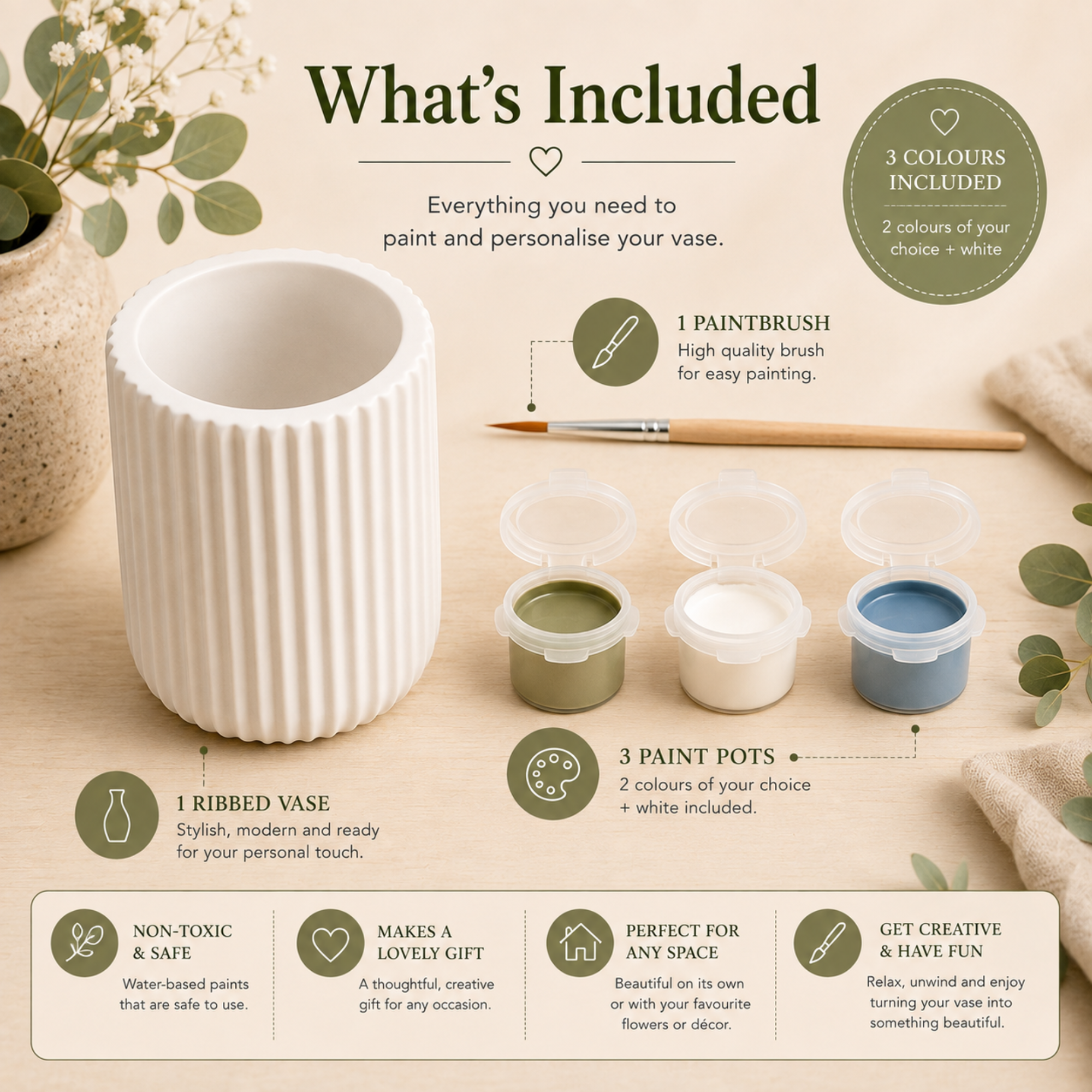 Paint Your Own Ribbed Vase Kit | DIY Ceramic Style Craft Kit | Handmade Gift | Home Décor Activity